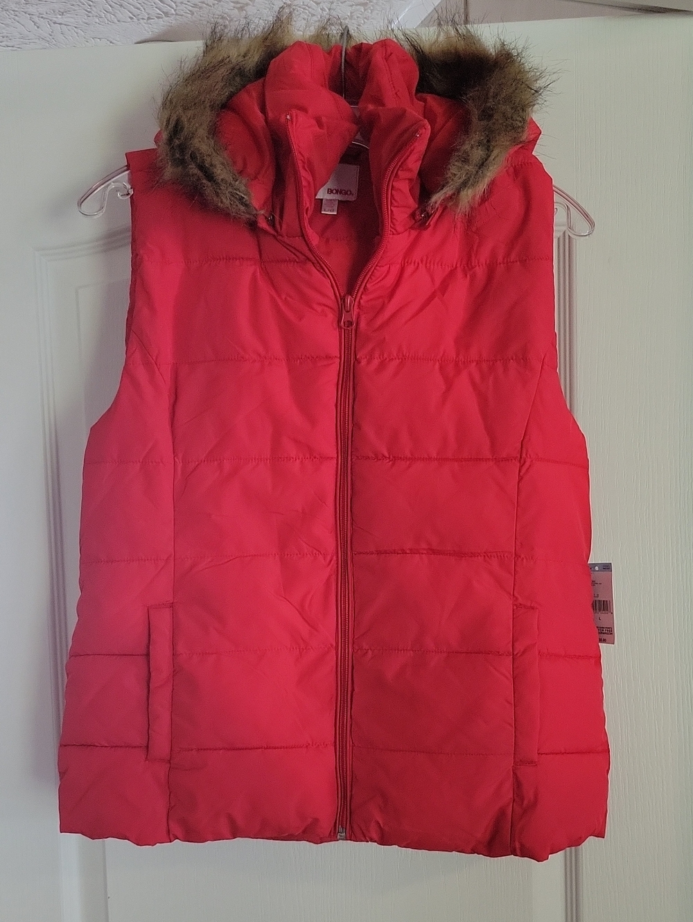 BONGO Red Quilted Puffer Vest with Faux Fur Hood